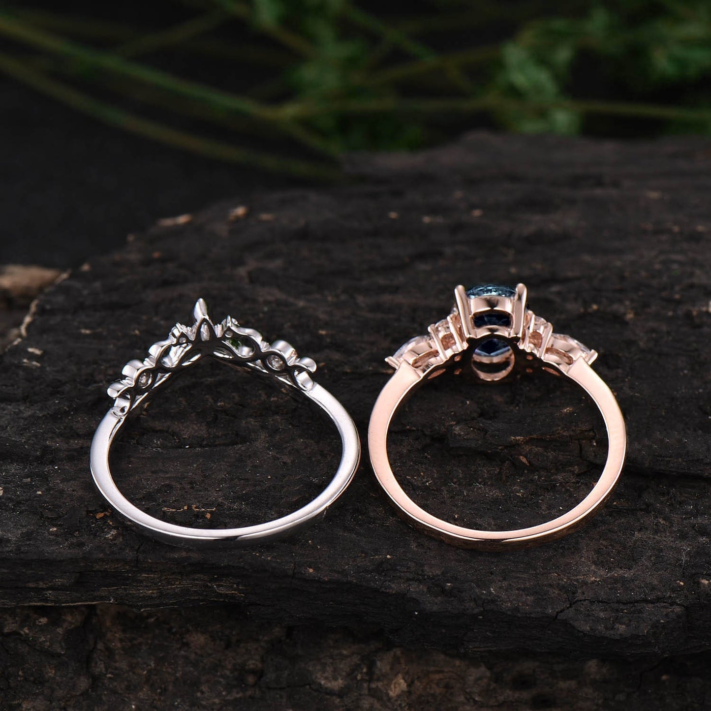 Oval blue sandstone engagement ring set 14k white gold Galaxy vintage unique engagement ring moissanite ring for women Norse Viking Jewelry