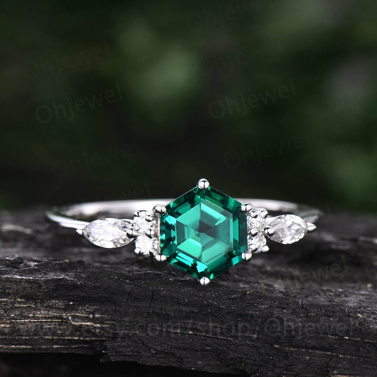 Hexagon emerald ring dainty vintage emerald engagement ring 7 stone marquise moissanite ring rose gold silver for women bridal promise ring