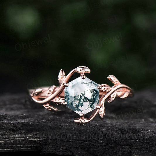 Hexagon moss agate engagement ring leaf flower rose gold silver unique vintage solitaire engagement ring for women wedding anniversary ring