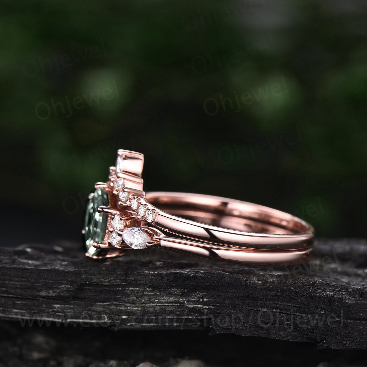 Unique hexagon moss agate engagement ring set art deco vintage moss agate ring women rose gold silver marquise moissanite wedding ring set