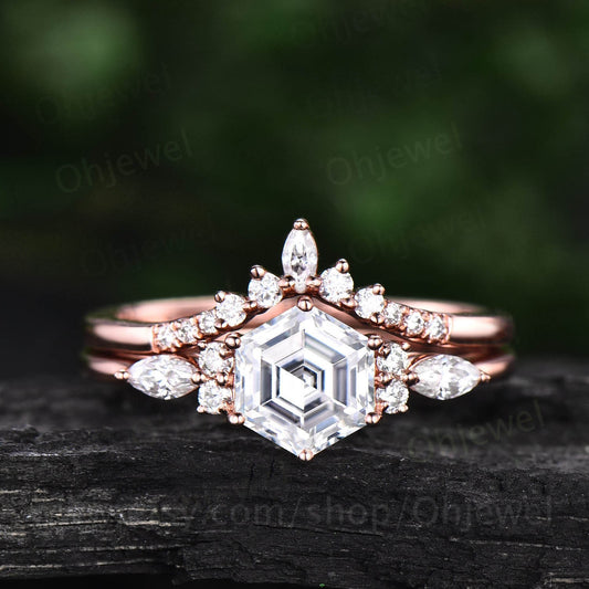 Hexagon moissanite engagement ring set art deco rose gold silver unique vintage engagement ring marquise moissanite ring wedding ring set