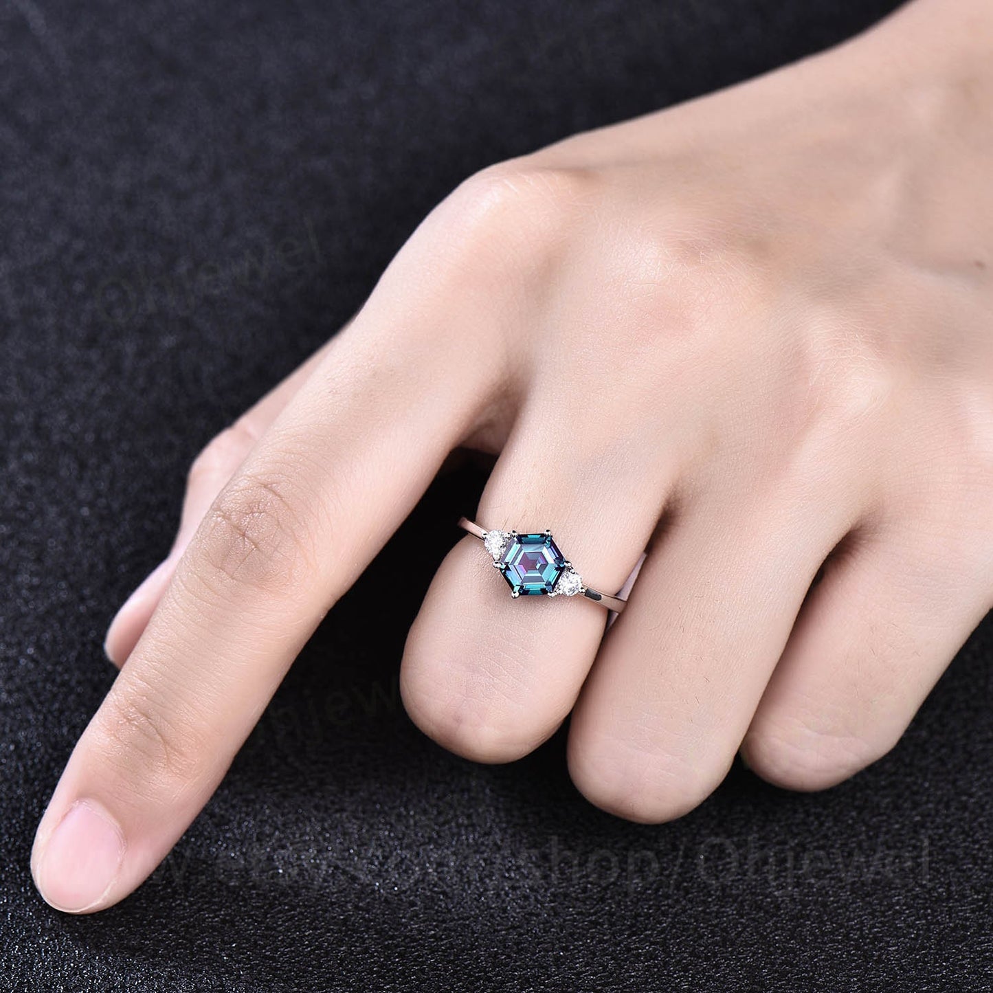 Hexagon Alexandrite ring for women vintage Alexandrite engagement ring rose gold silver three stone ring moissanite anniversary wedding ring