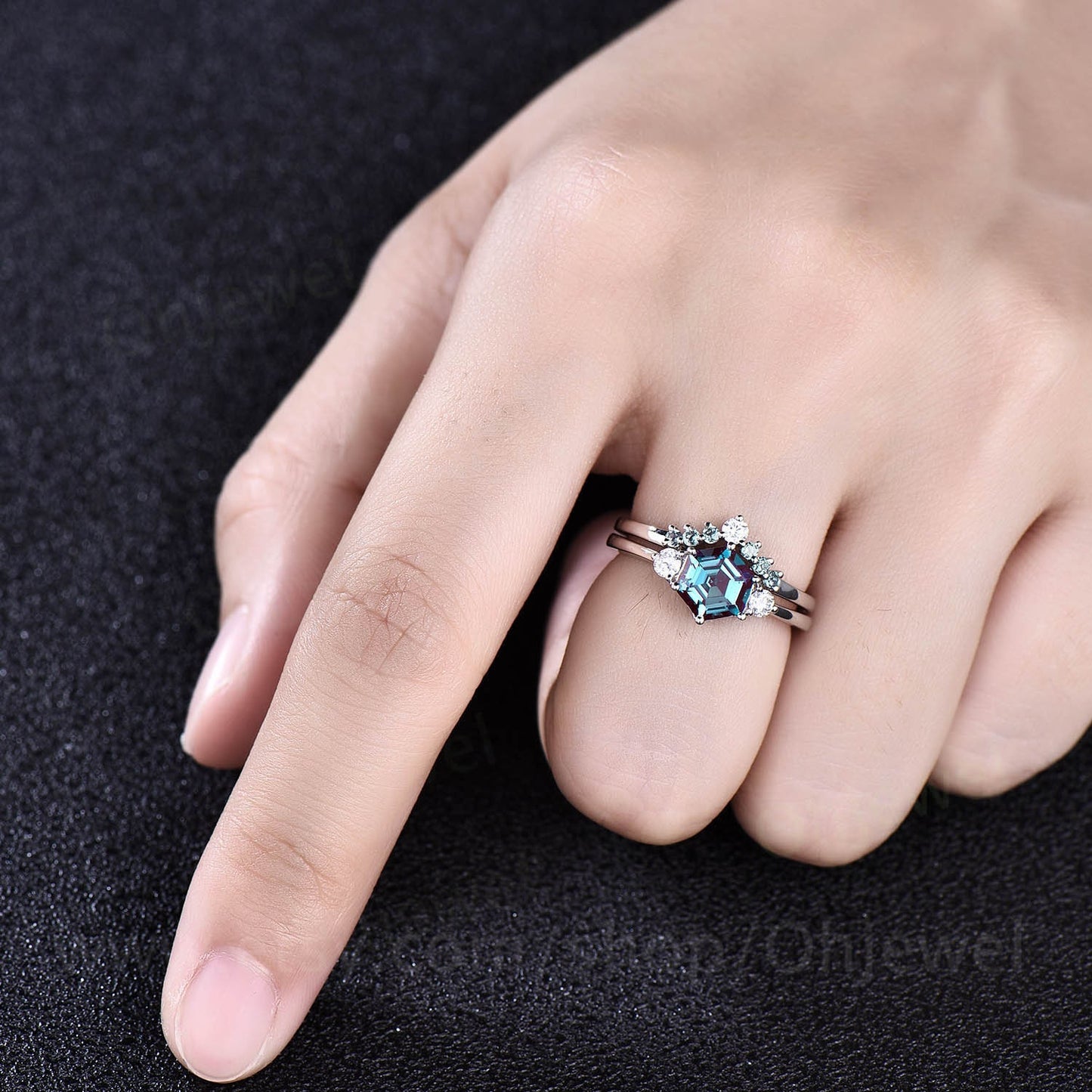 Hexagon alexandrite ring vintage alexandrite engagement ring set 14k rose gold three stone moissanite ring bridal wedding ring set for women