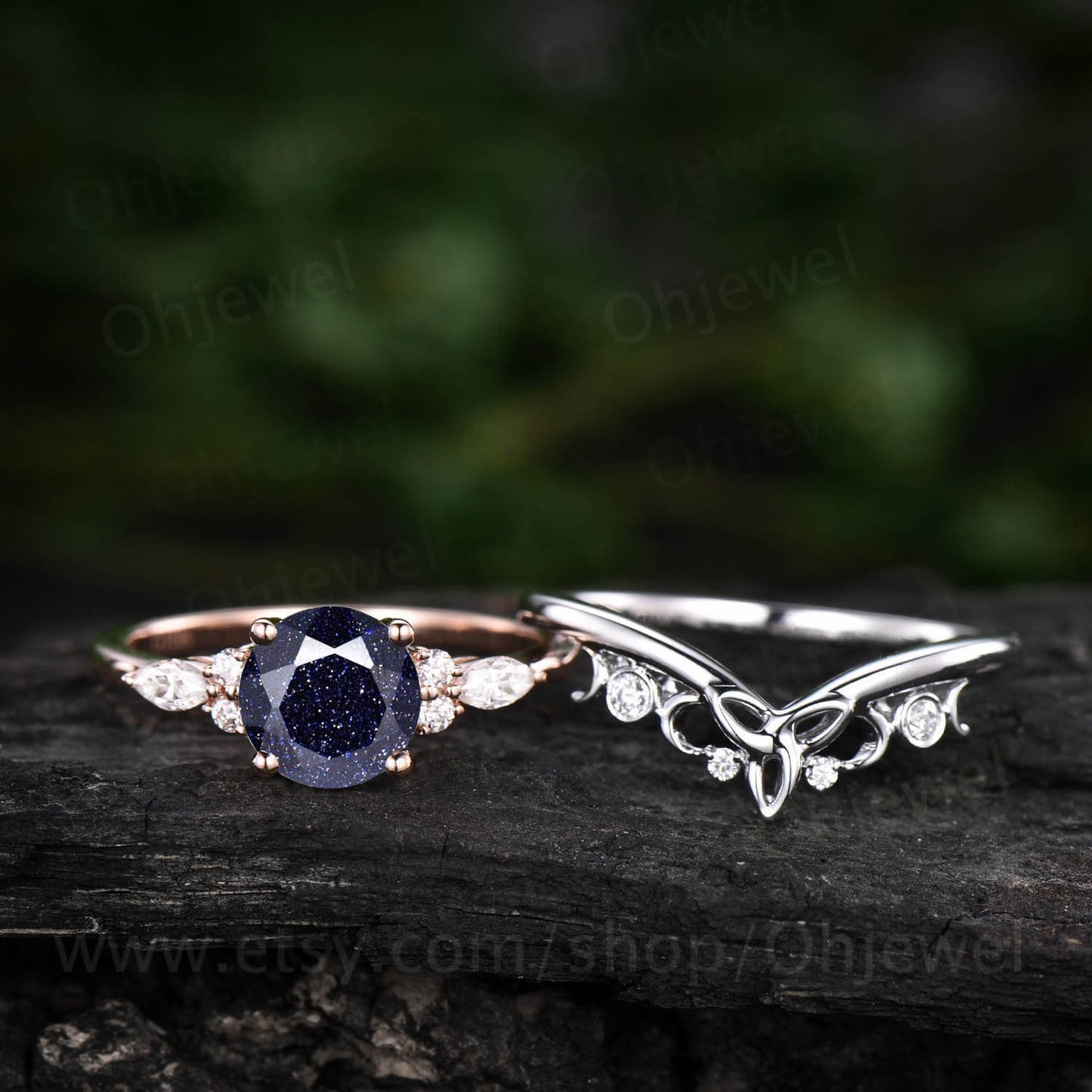 Vintage round blue sandstone engagement ring set 14k rose gold Galaxy unique engagement ring moissanite ring for women Norse Viking Jewelry