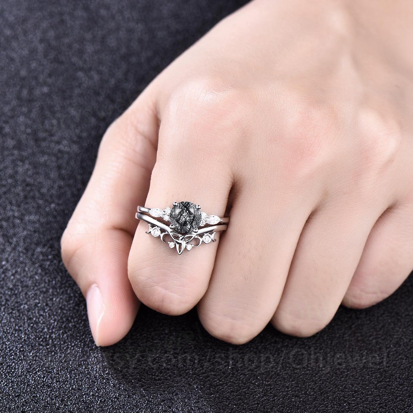 Vintage round black rutilated quartz engagement ring set 14k rose gold marquise moissanite wedding ring set for women Norse Viking Jewelry