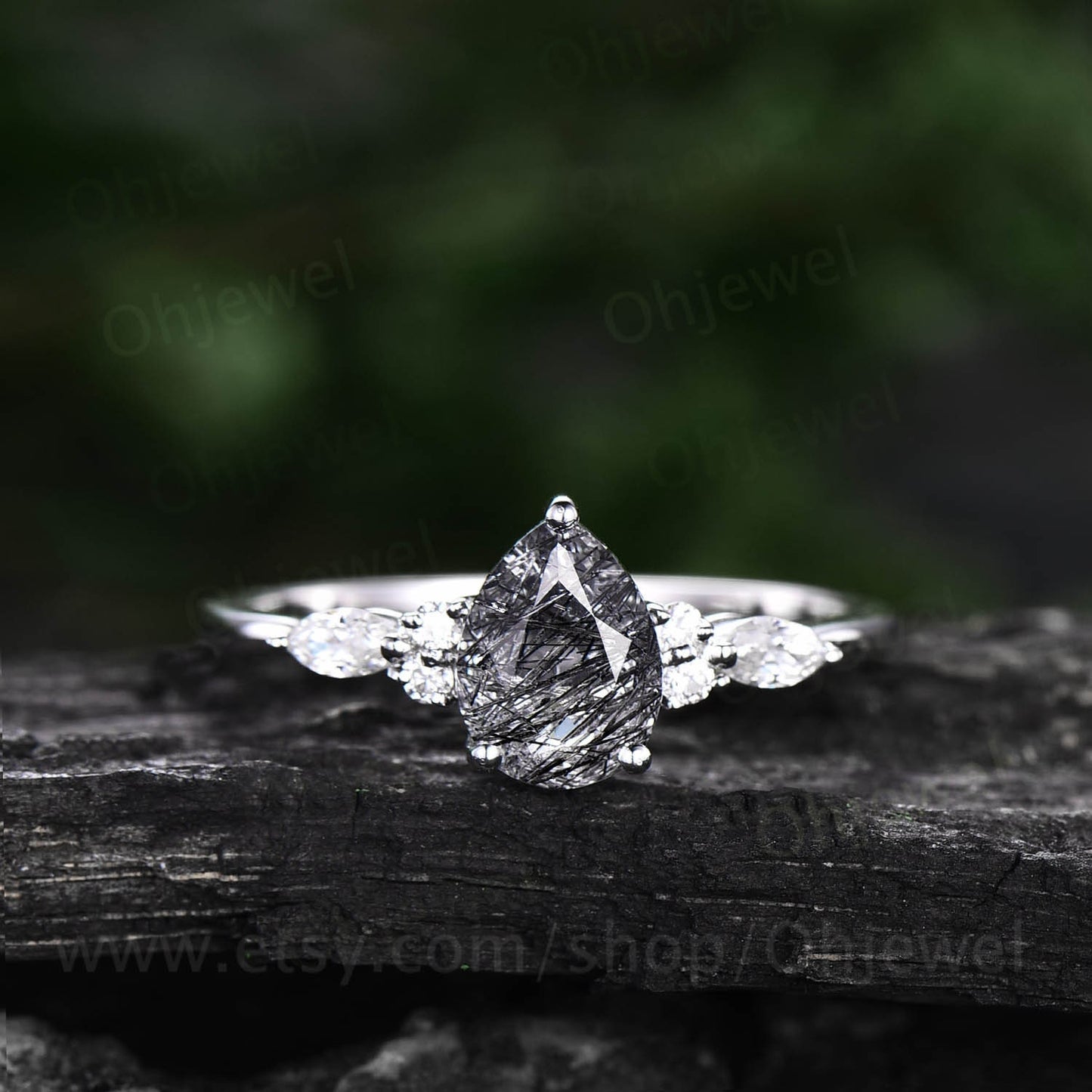 Pear shaped black rutilated quartz engagement ring set rose gold unique vintage engagement ring moissanite ring wedding ring set for women