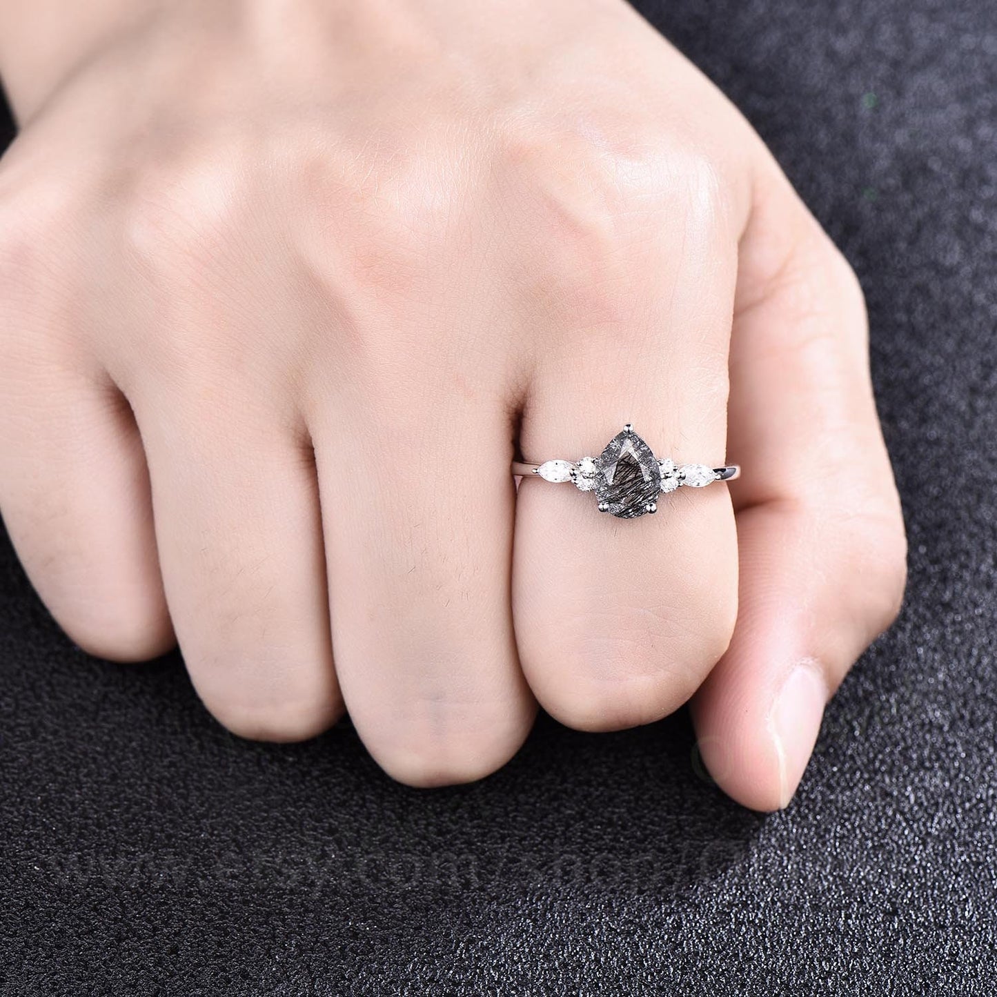 Pear shaped black rutilated quartz engagement ring set rose gold unique vintage engagement ring moissanite ring wedding ring set for women