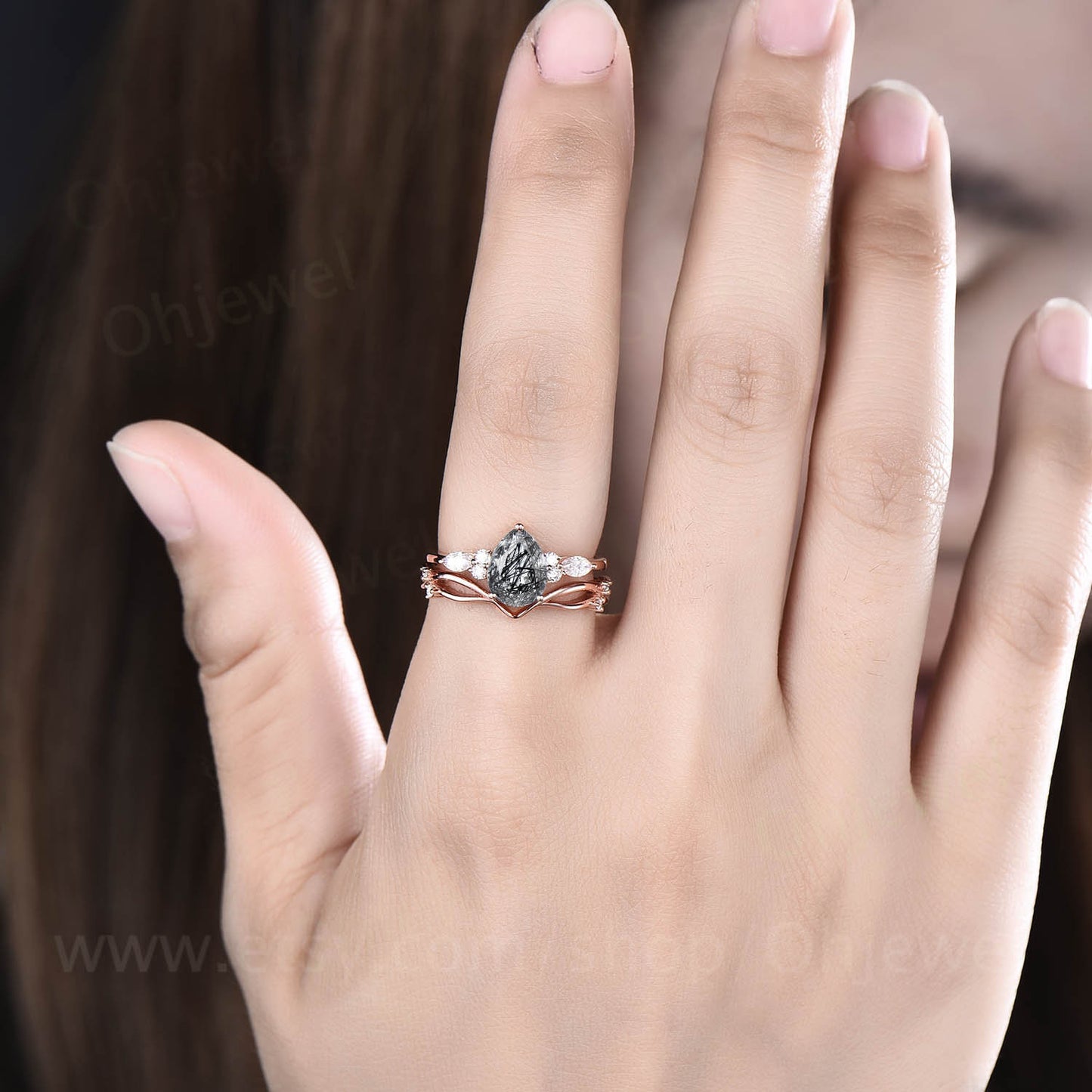 Pear shaped black rutilated quartz engagement ring set rose gold unique vintage engagement ring moissanite ring wedding ring set for women