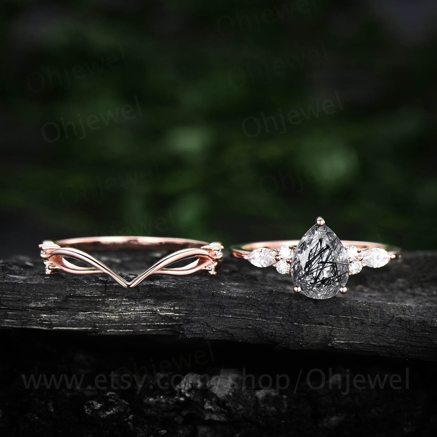 Pear shaped black rutilated quartz engagement ring set rose gold unique vintage engagement ring moissanite ring wedding ring set for women