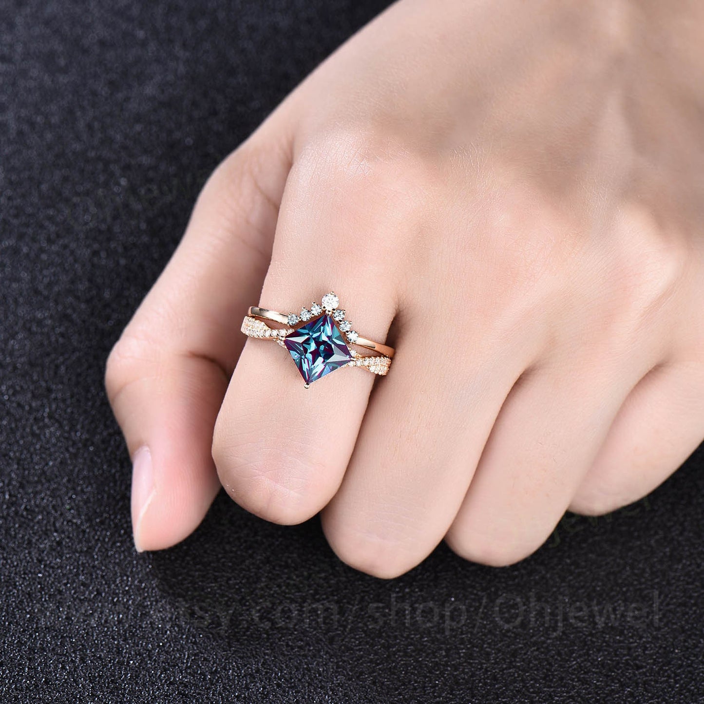 Princess cut Alexandrite rose gold ring unique 2pcs color change Alexandrite engagement ring set vintage moissanite ring set jewelry gift