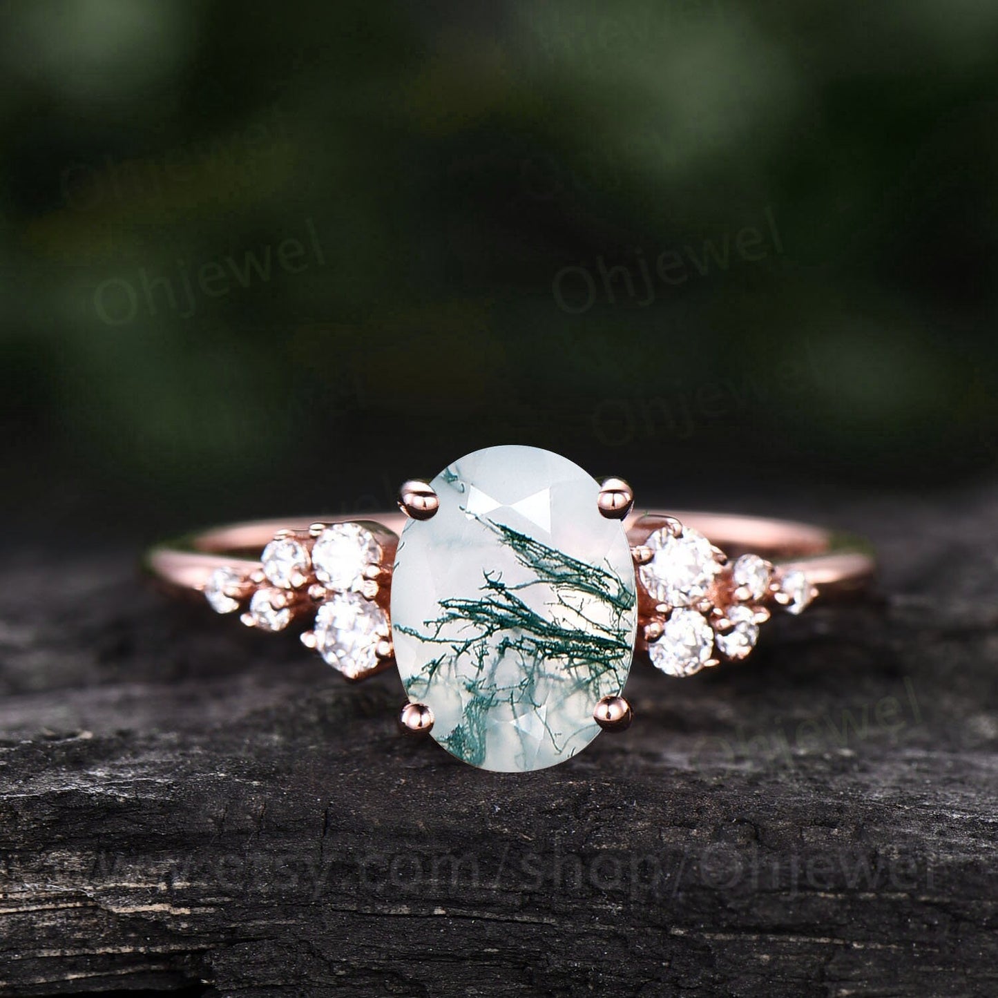 Vintage oval cut green moss agate engagement ring rose gold dainty cluster snowdrift unique engagement ring moissanite wedding ring women
