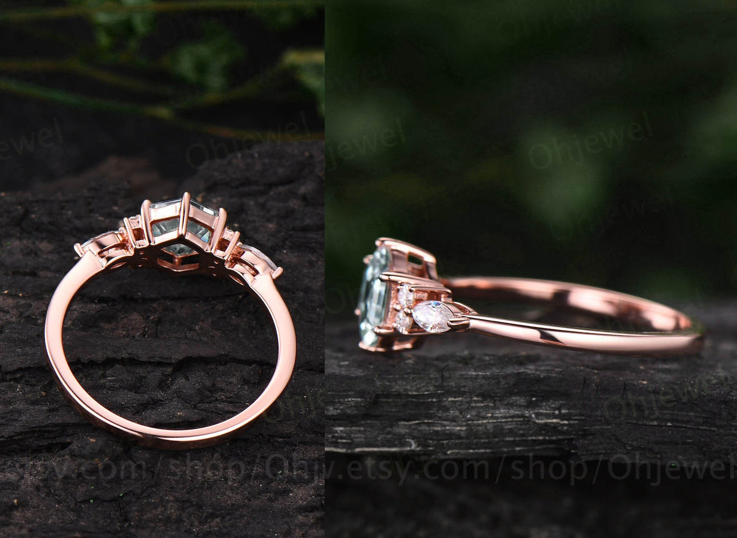 7mm Hexagon cut green moss agate engagement ring white gold 6 prong marquise unique engagement ring for women vintage diamond wedding ring