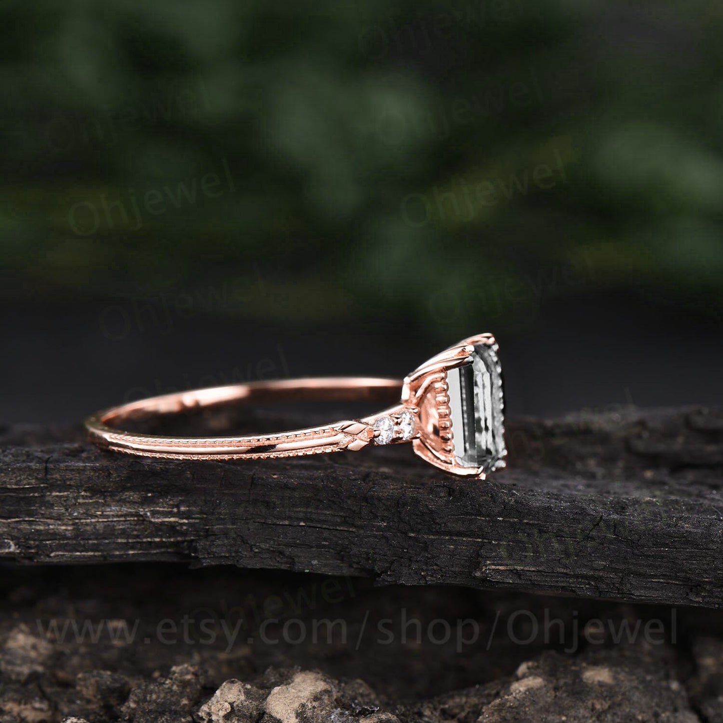 Vintage emerald cut moissanite engagement ring rose gold five stone minimalist milgrain diamond ring for women unique wedding ring silver