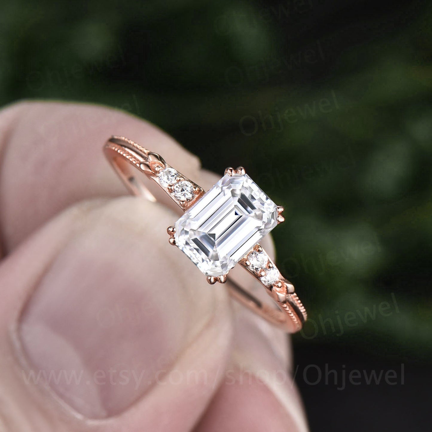Vintage emerald cut moissanite engagement ring rose gold five stone minimalist milgrain diamond ring for women unique wedding ring silver