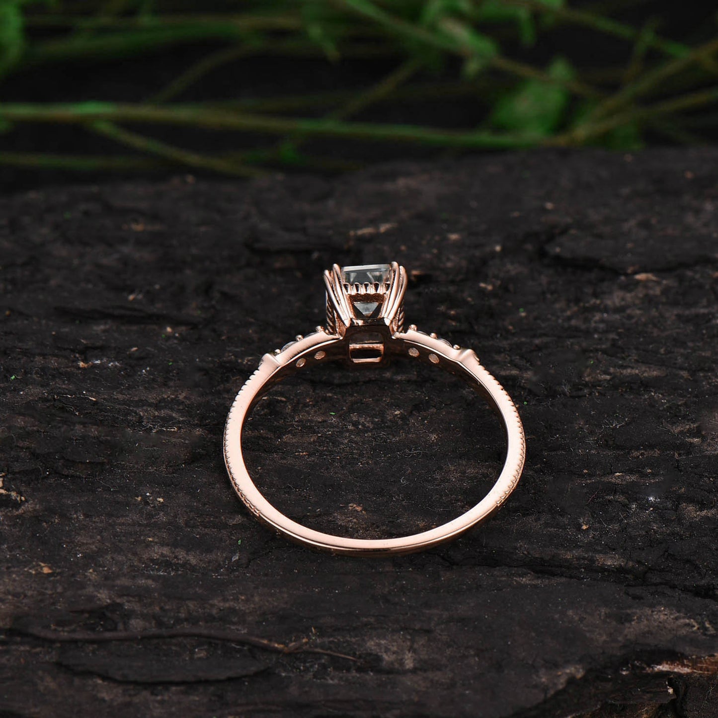 Vintage emerald cut moissanite engagement ring rose gold five stone minimalist milgrain diamond ring for women unique wedding ring silver