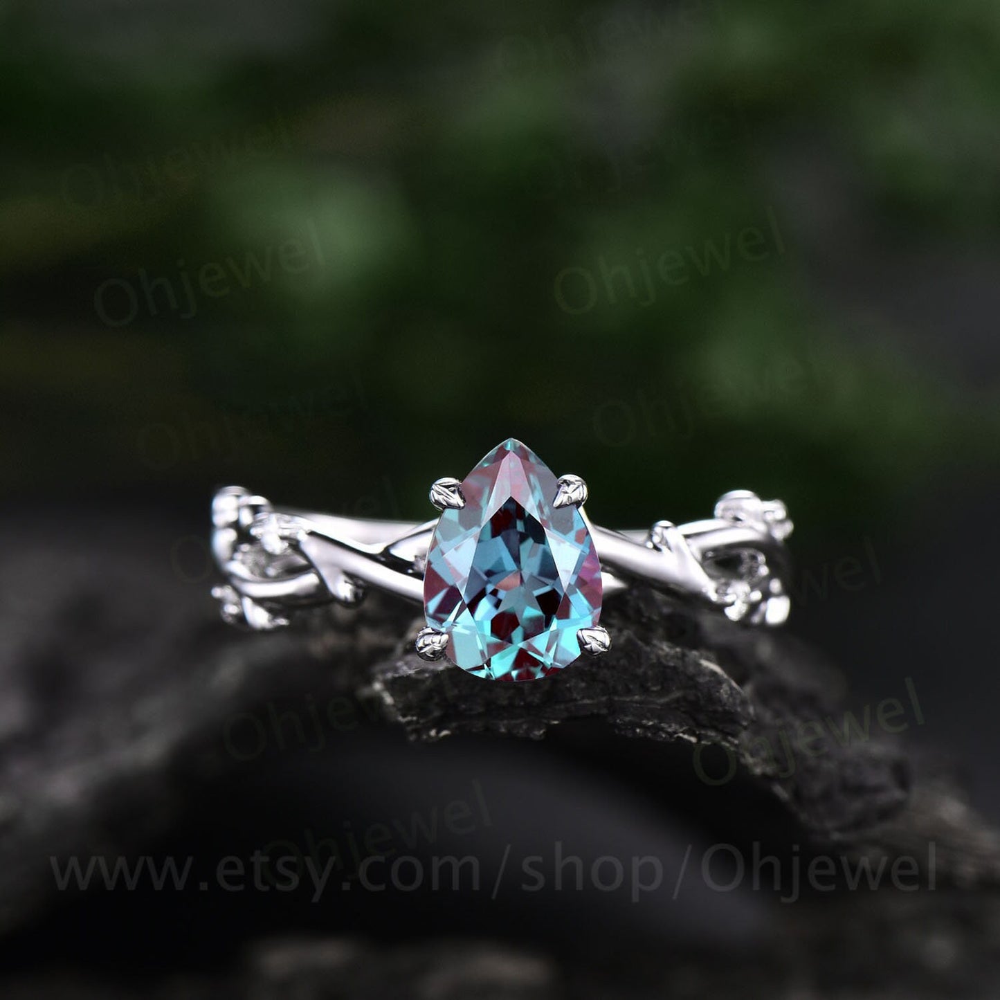 Vintage pear shaped alexandrite engagement ring leaf art deco 14k rose gold five stone diamond ring for women promise bridal ring jewelry