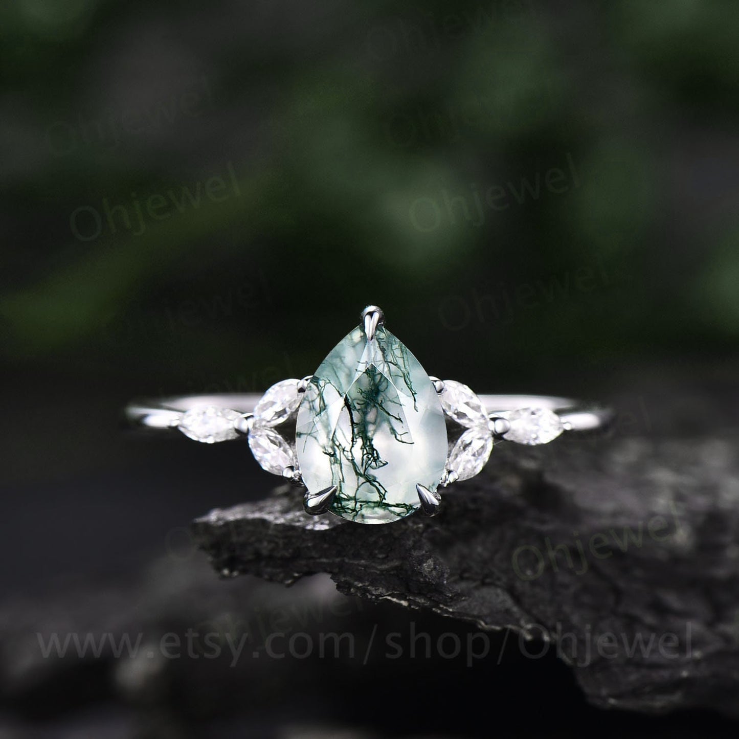 Vintage pear shaped moss agate engagement ring set rose gold art deco crown milgrain marquise cut moissanite ring for women wedding ring set