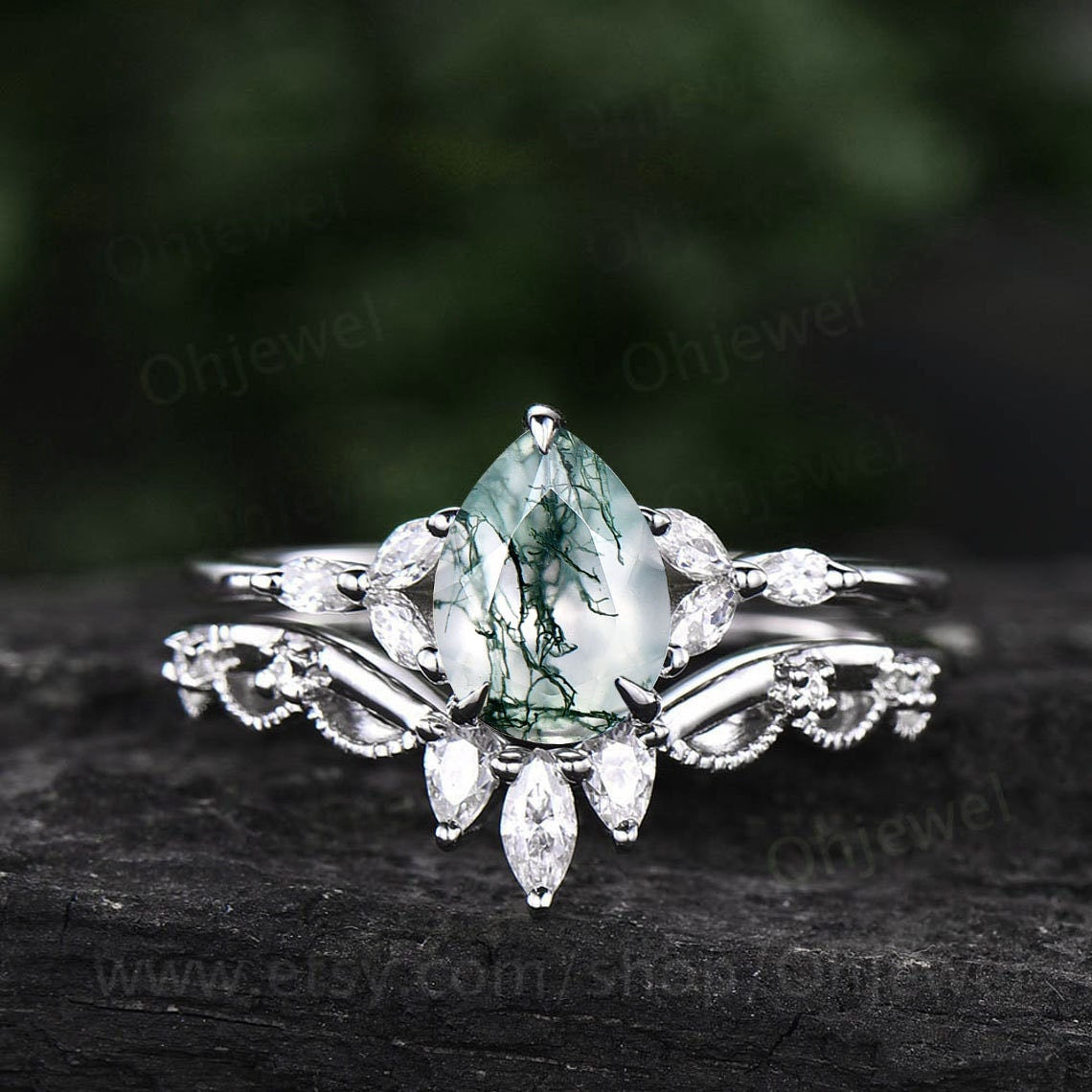 Vintage pear shaped moss agate engagement ring set rose gold art deco crown milgrain marquise cut moissanite ring for women wedding ring set