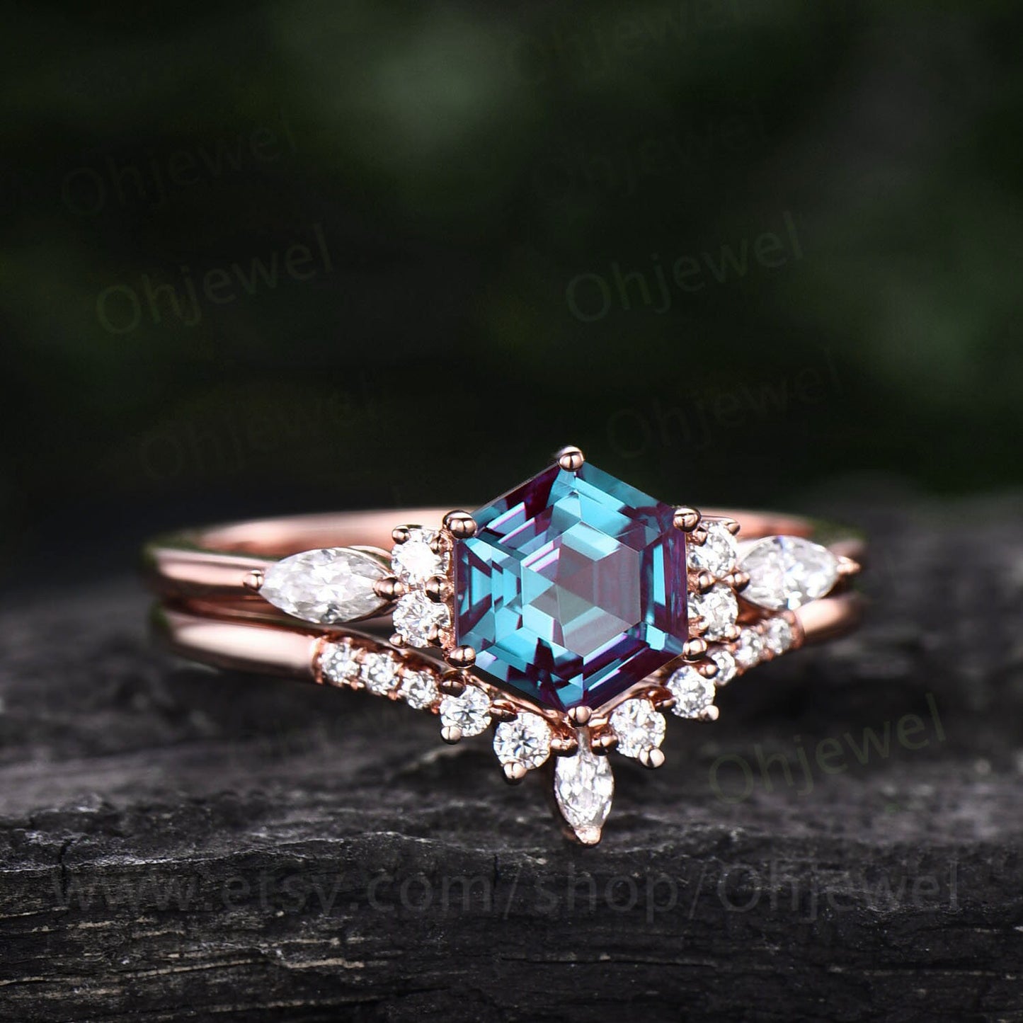 Vintage Alexandrite engagement ring set rose gold hexagon cut ring marquise cut moissanite ring dainty wedding ring set for women jewelry