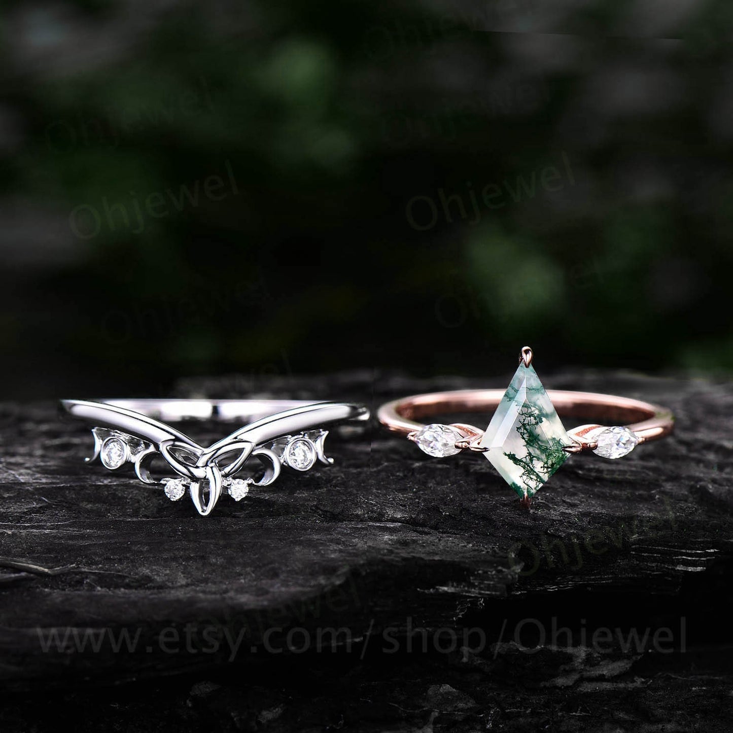 Vintage kite cut green moss agate engagement ring set rose gold three stone marquise cut moissanite ring unique wedding ring set for women