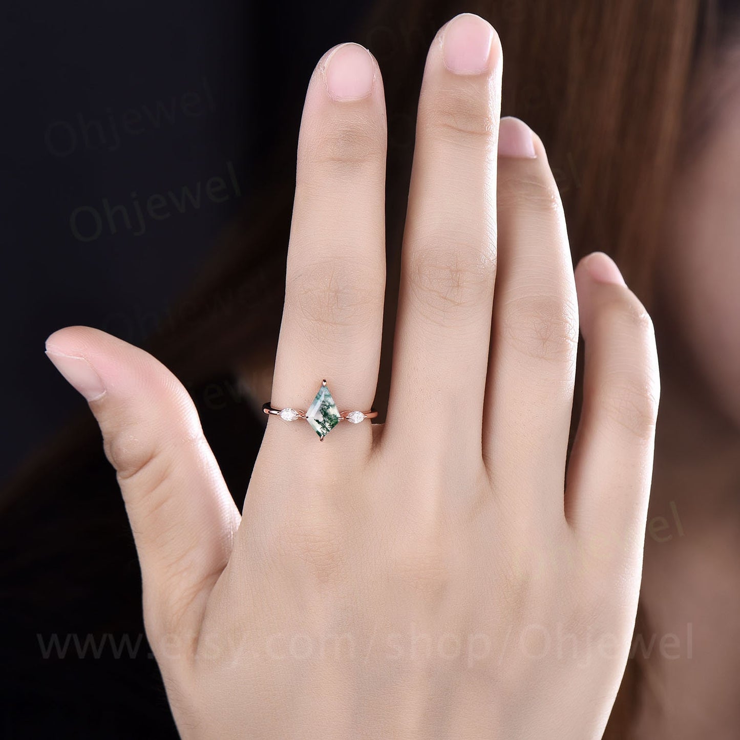 Vintage kite cut green moss agate engagement ring set rose gold three stone marquise cut moissanite ring unique wedding ring set for women