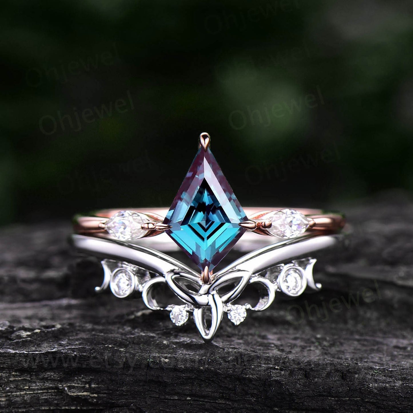 Vintage kite cut Alexandrite engagement ring set rose gold three stone marquise cut moissanite ring unique anniversary ring set for women
