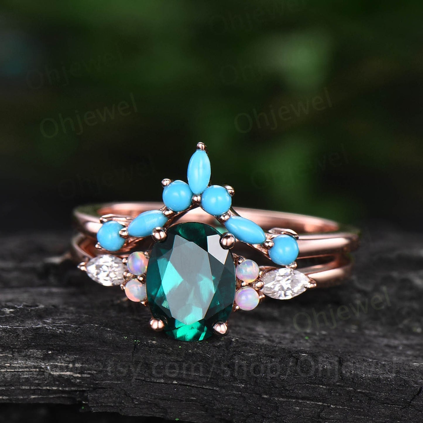 Oval emerald engagement ring set 14k rose gold vinatge opal ring marquise moissanite ring for women turquoise wedding band engagement ring