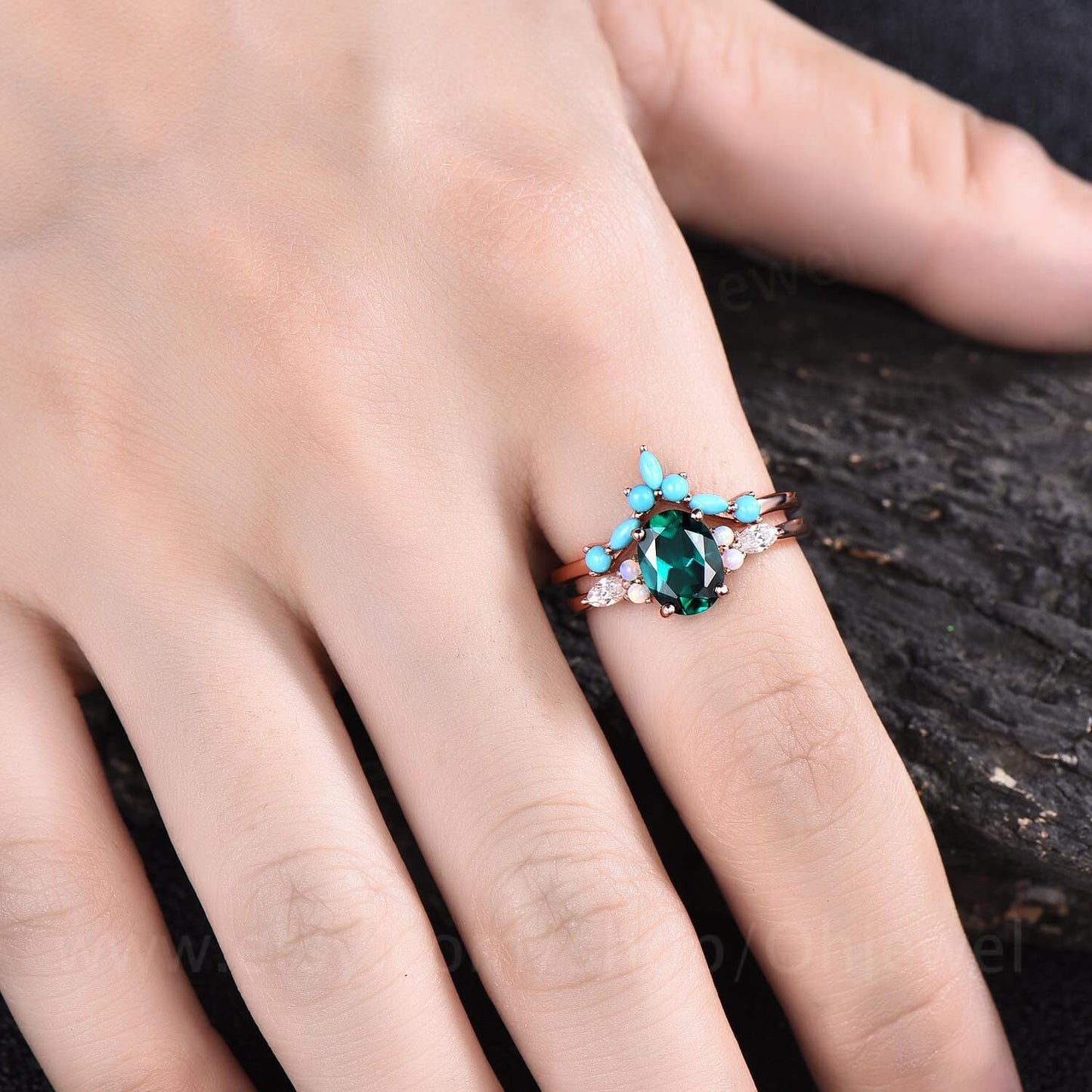 Oval emerald engagement ring set 14k rose gold vinatge opal ring marquise moissanite ring for women turquoise wedding band engagement ring