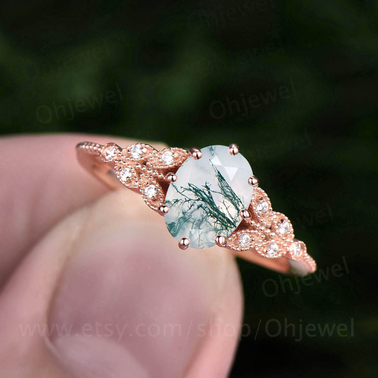 Vintage oval cut green moss agate engagement ring leaf flower ring milgrain rose gold moissanite ring for women unique bridal wedding ring