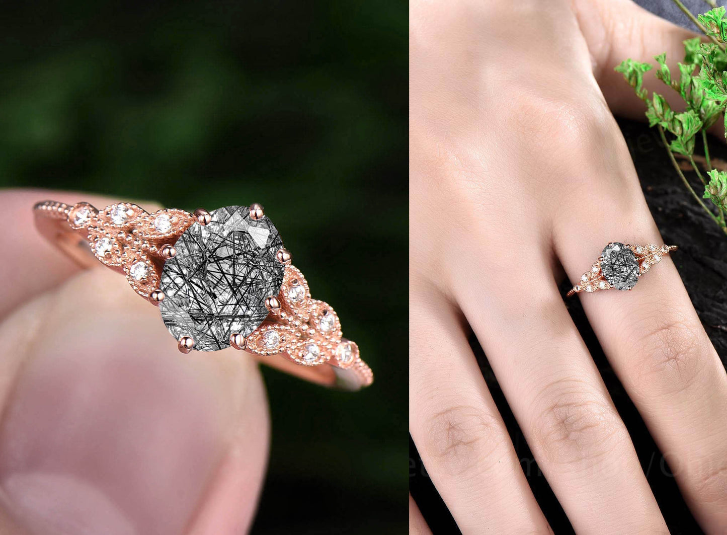 Vintage oval cut green moss agate engagement ring leaf flower ring milgrain rose gold moissanite ring for women unique bridal wedding ring