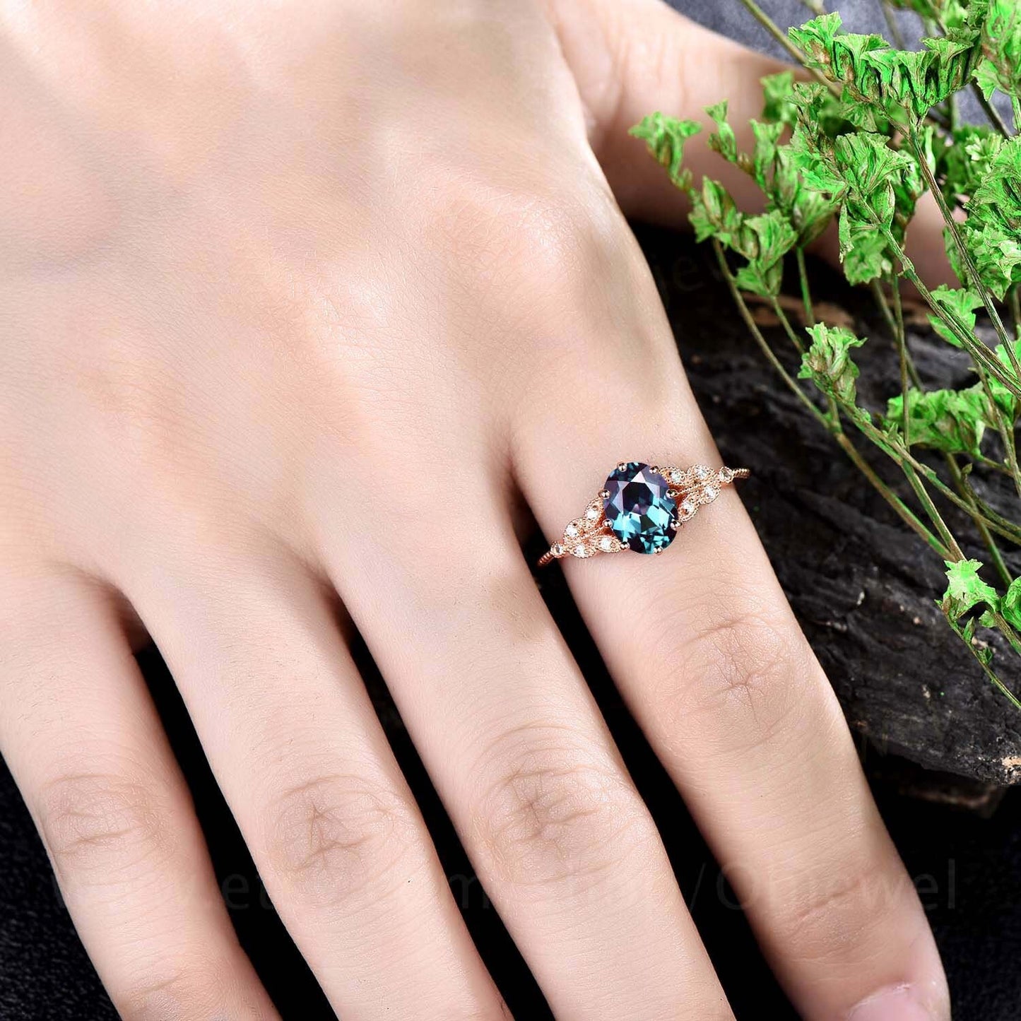 Oval Alexandrite engagement ring leaf flower marquise milgrain unique vintage rose gold engagement ring for women anniversary wedding ring