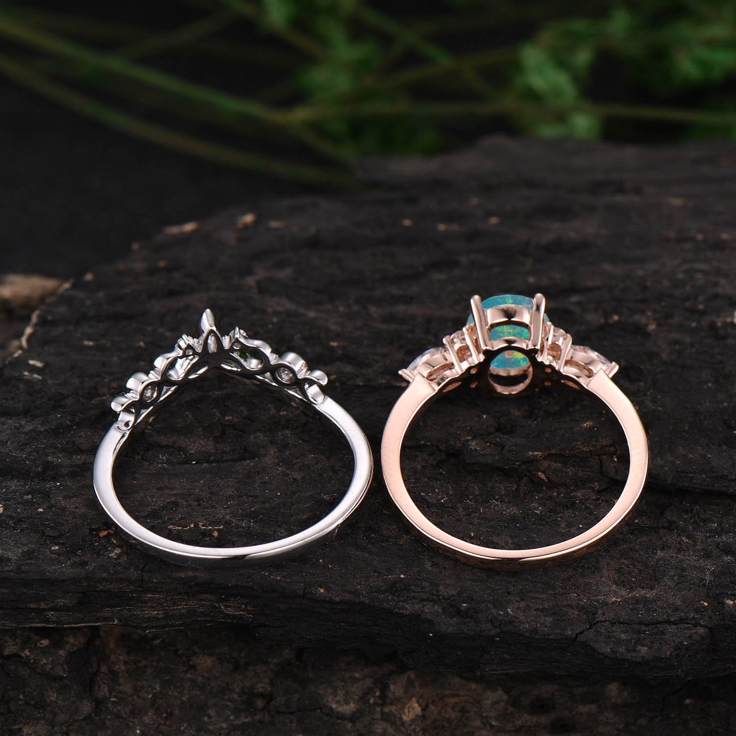 Oval cut opal engagement ring set 14k rose gold art deco vintage unique engagement ring moissanite ring for women Norse Viking ring Jewelry