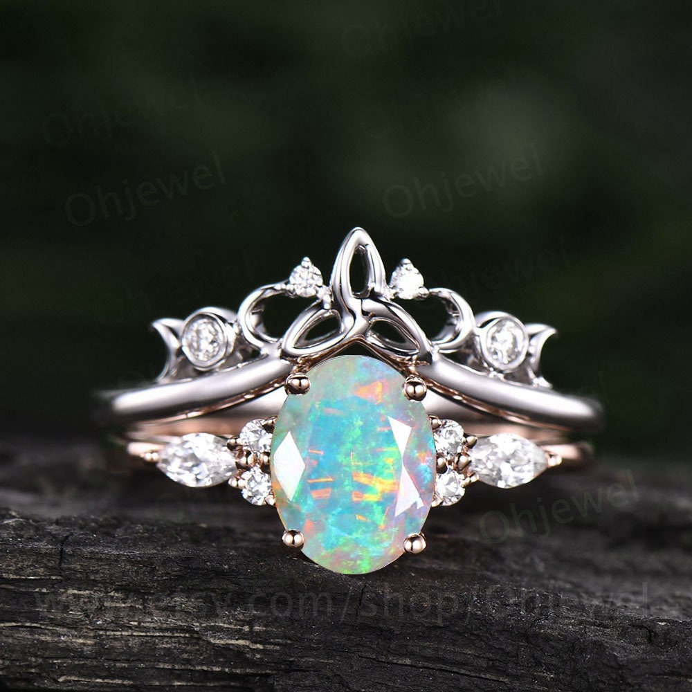 Oval cut opal engagement ring set 14k rose gold art deco vintage unique engagement ring moissanite ring for women Norse Viking ring Jewelry