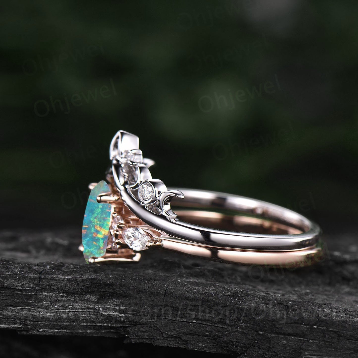 Oval cut opal engagement ring set 14k rose gold art deco vintage unique engagement ring moissanite ring for women Norse Viking ring Jewelry