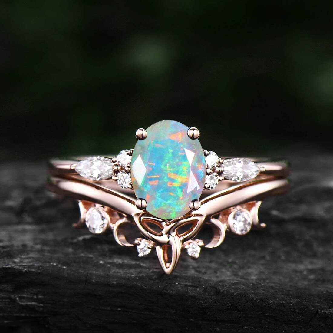 Oval cut opal engagement ring set 14k rose gold art deco vintage unique engagement ring moissanite ring for women Norse Viking ring Jewelry