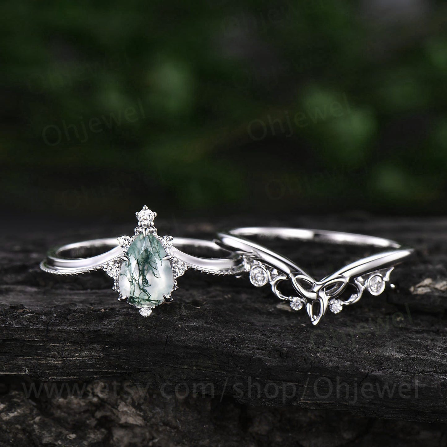 Pear shaped moss agate engagement ring set 14k white gold organic gemstone ring milgrain moissanite ring for women norse viking ring Jewelry
