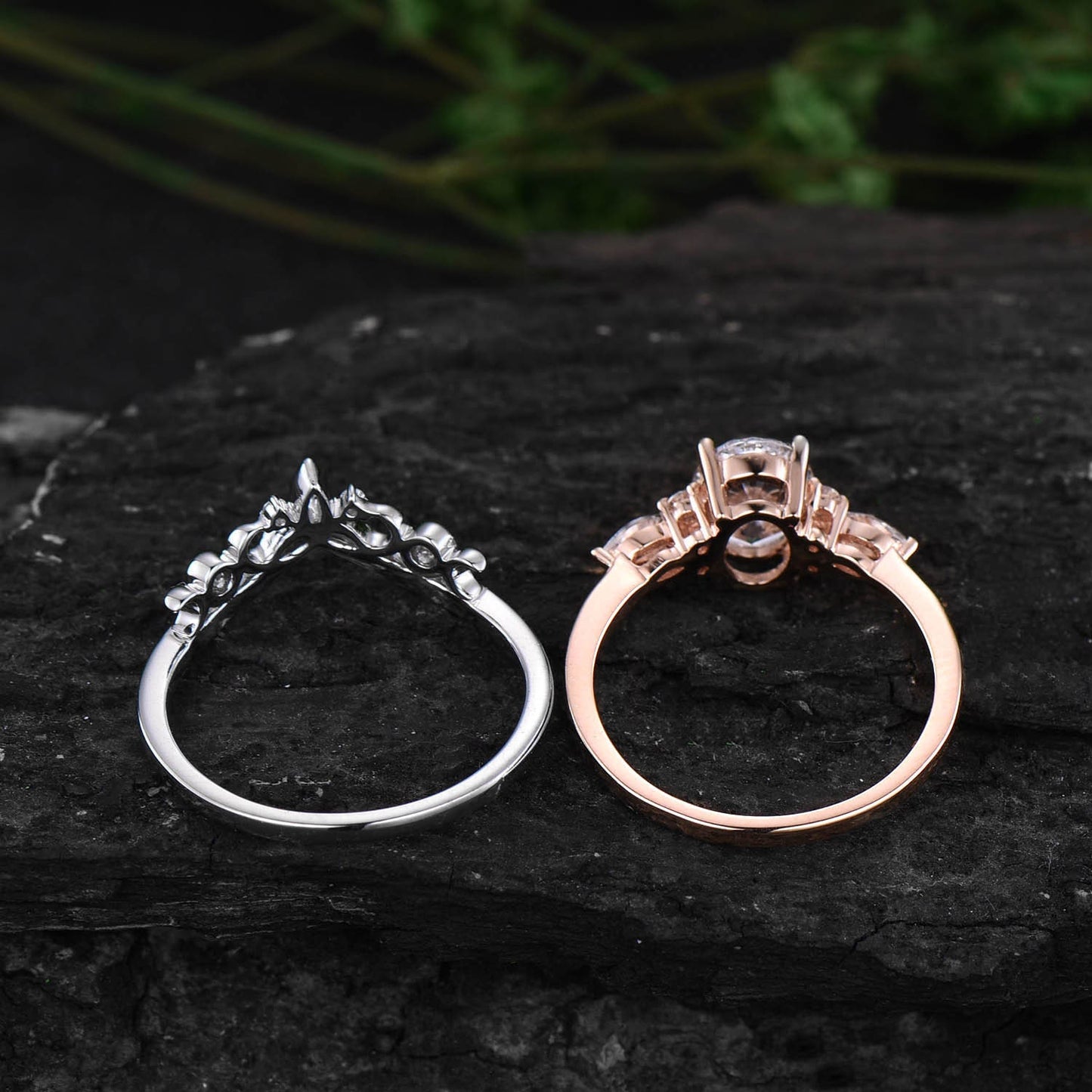Moissanite ring set vintage oval cut moissanite engagement ring set rose gold alternative unique engagement ring Norse viking ring jewelry