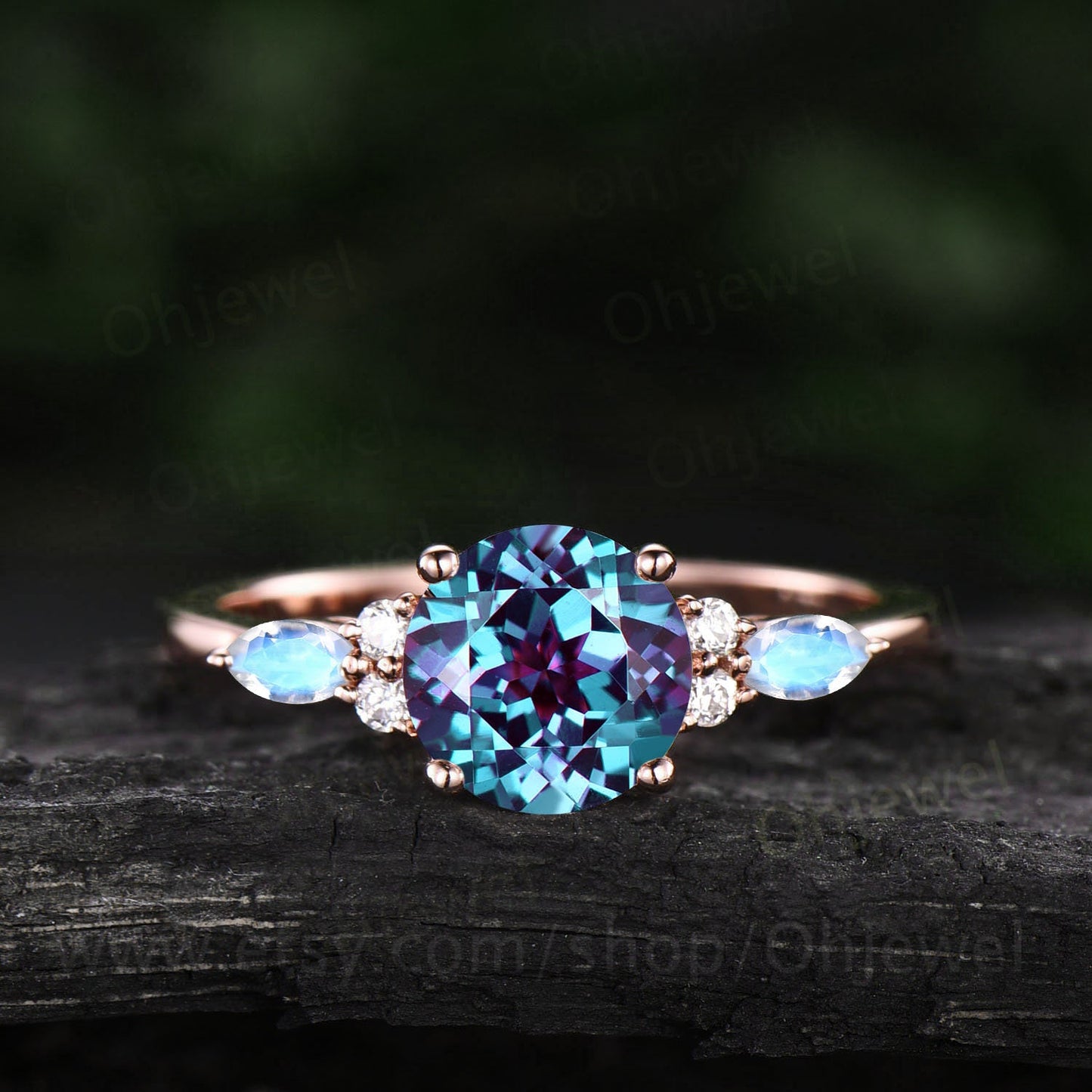 Round Alexandrite engagement ring 14k rose gold 7 stone unique vintage marquise moonstone engagement ring moissanite wedding ring for women
