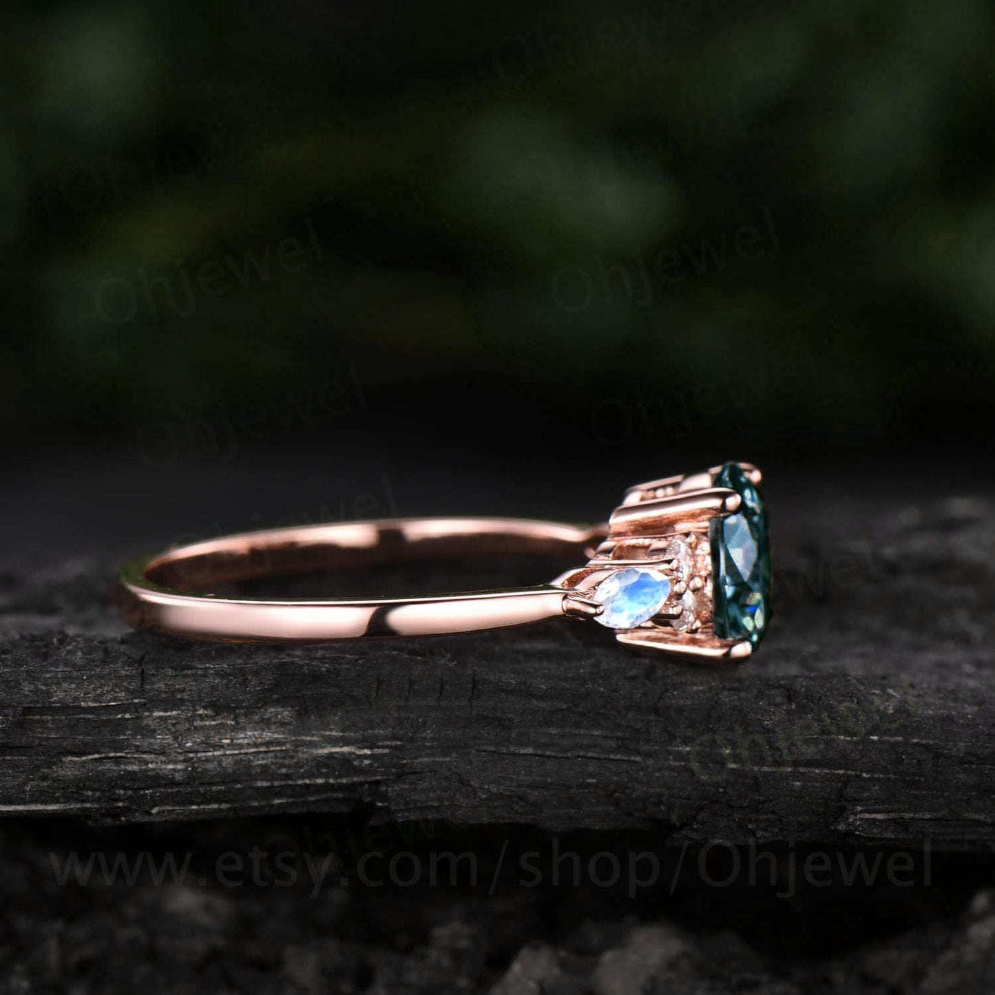 Round Alexandrite engagement ring 14k rose gold 7 stone unique vintage marquise moonstone engagement ring moissanite wedding ring for women