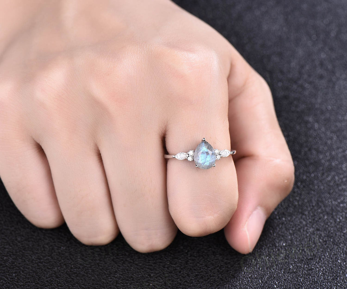 Unique pear shaped Labradorite engagement ring set vintage art deco marquise moissanite wedding promise ring set rose gold sterling silver