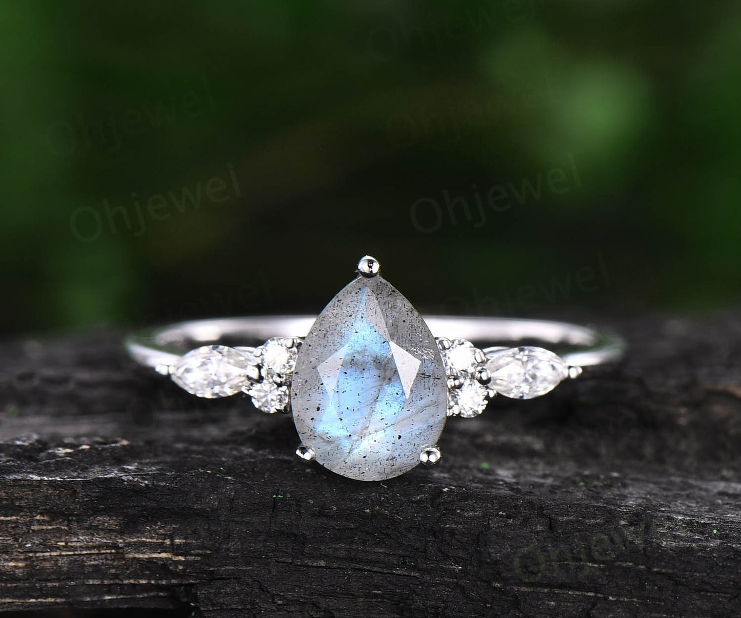 Unique pear shaped Labradorite engagement ring set vintage art deco marquise moissanite wedding promise ring set rose gold sterling silver