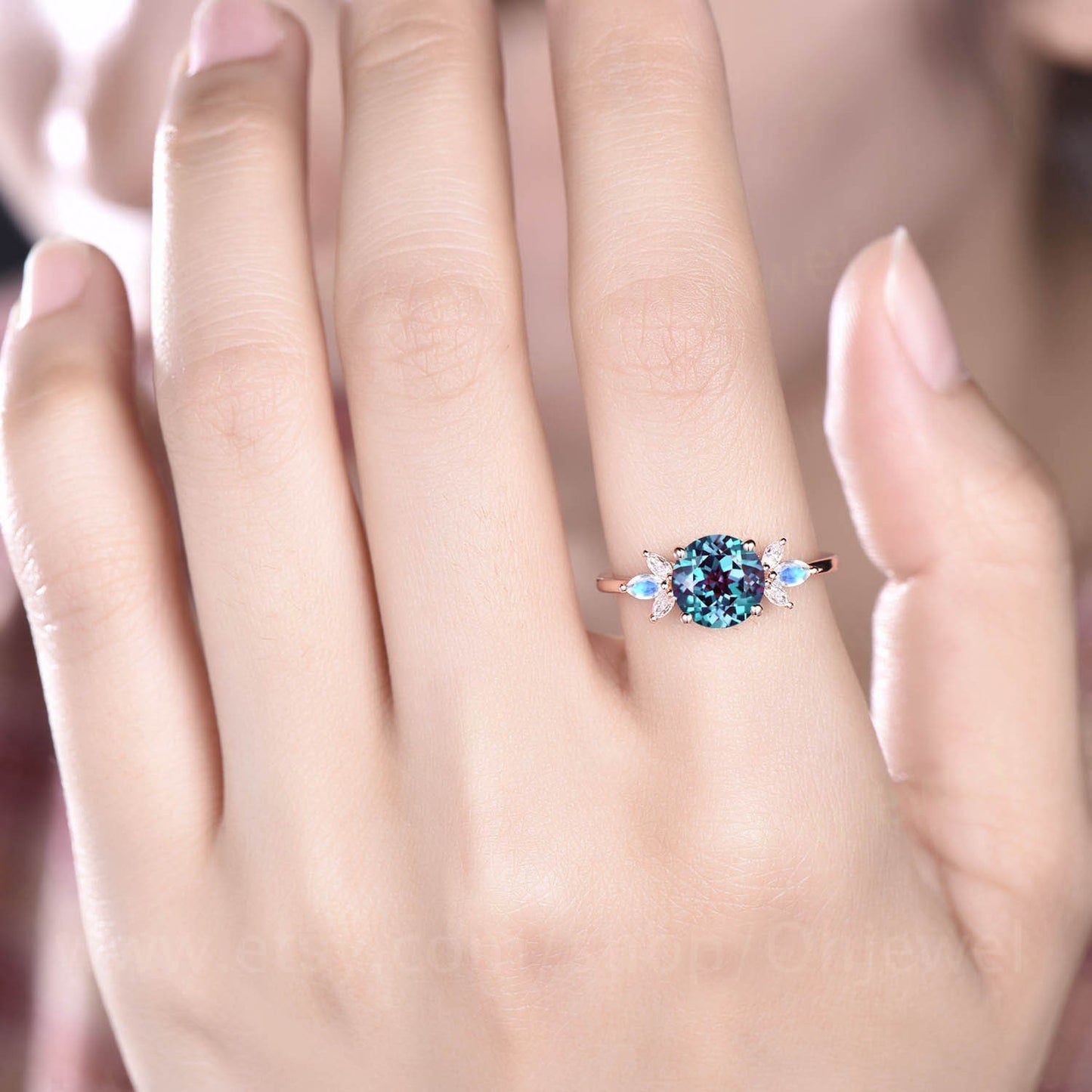 Round Alexandrite engagement ring rose gold vintage unique marquise moonstone engagement ring art deco moissanite ring for women jewelry
