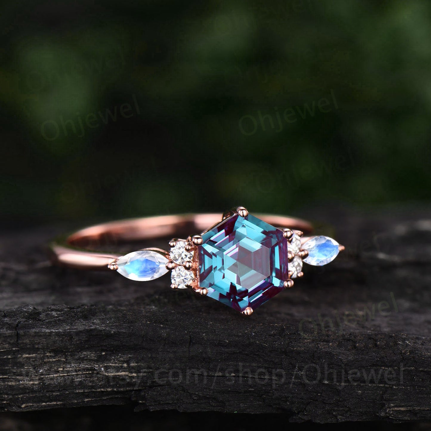 Hexagon Alexandrite engagement ring rose gold vintage unique marquise moonstone engagement ring art deco moissanite wedding ring for women
