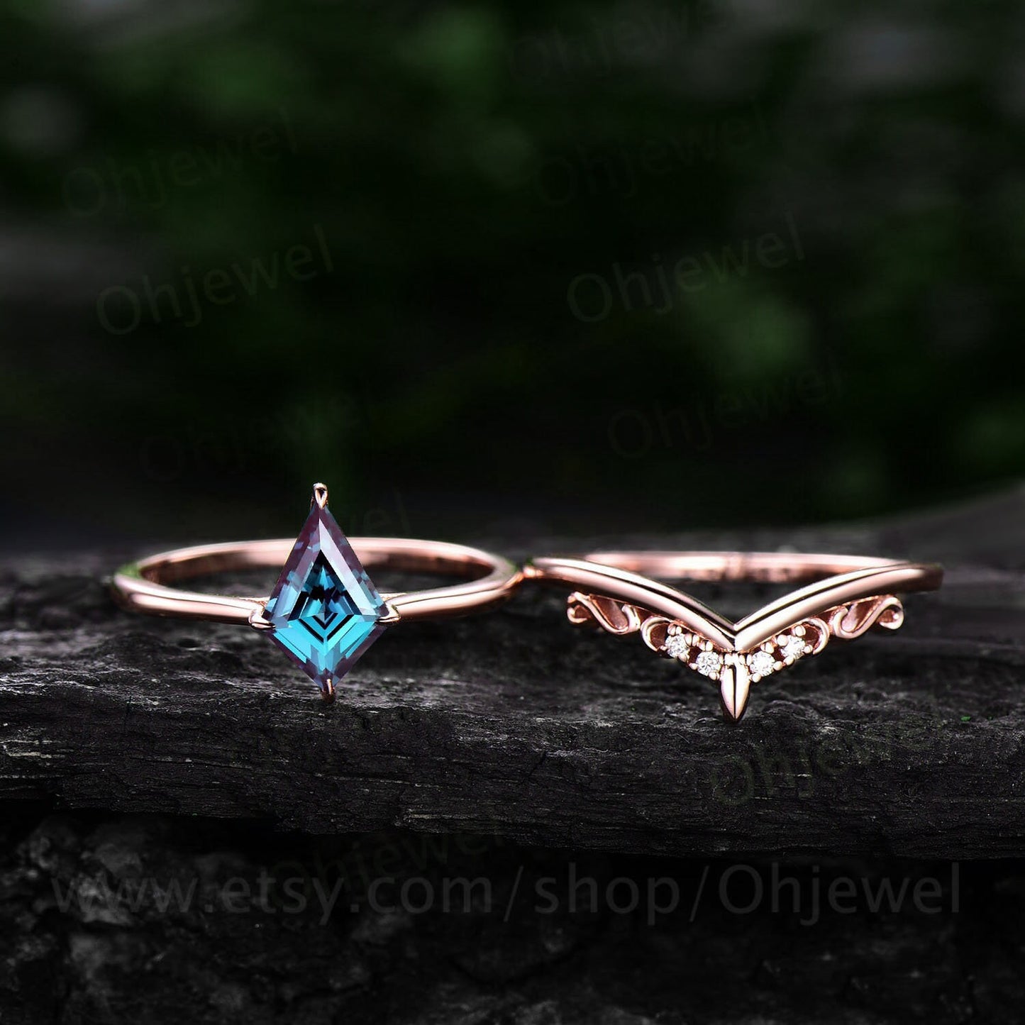 Vintage kite shaped Alexandrite engagement ring set rose gold dainty solitaire unique engagement ring moissanite bridal ring set for women