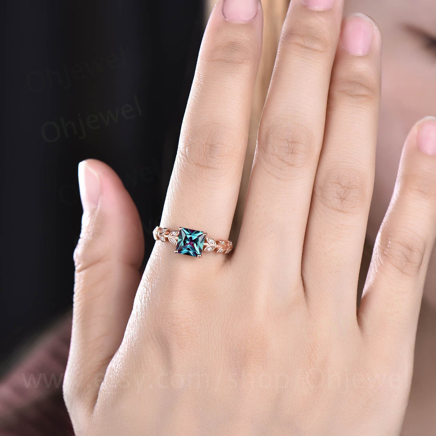 Princess cut Alexandrite engagement ring 14k rose gold leaf art deco unique vintage style engagement ring moissanite ring for women jewelry