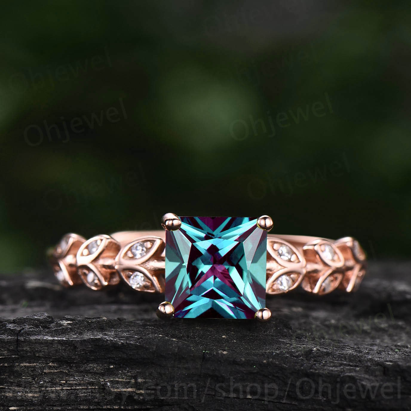 Princess cut Alexandrite engagement ring 14k rose gold leaf art deco unique vintage style engagement ring moissanite ring for women jewelry
