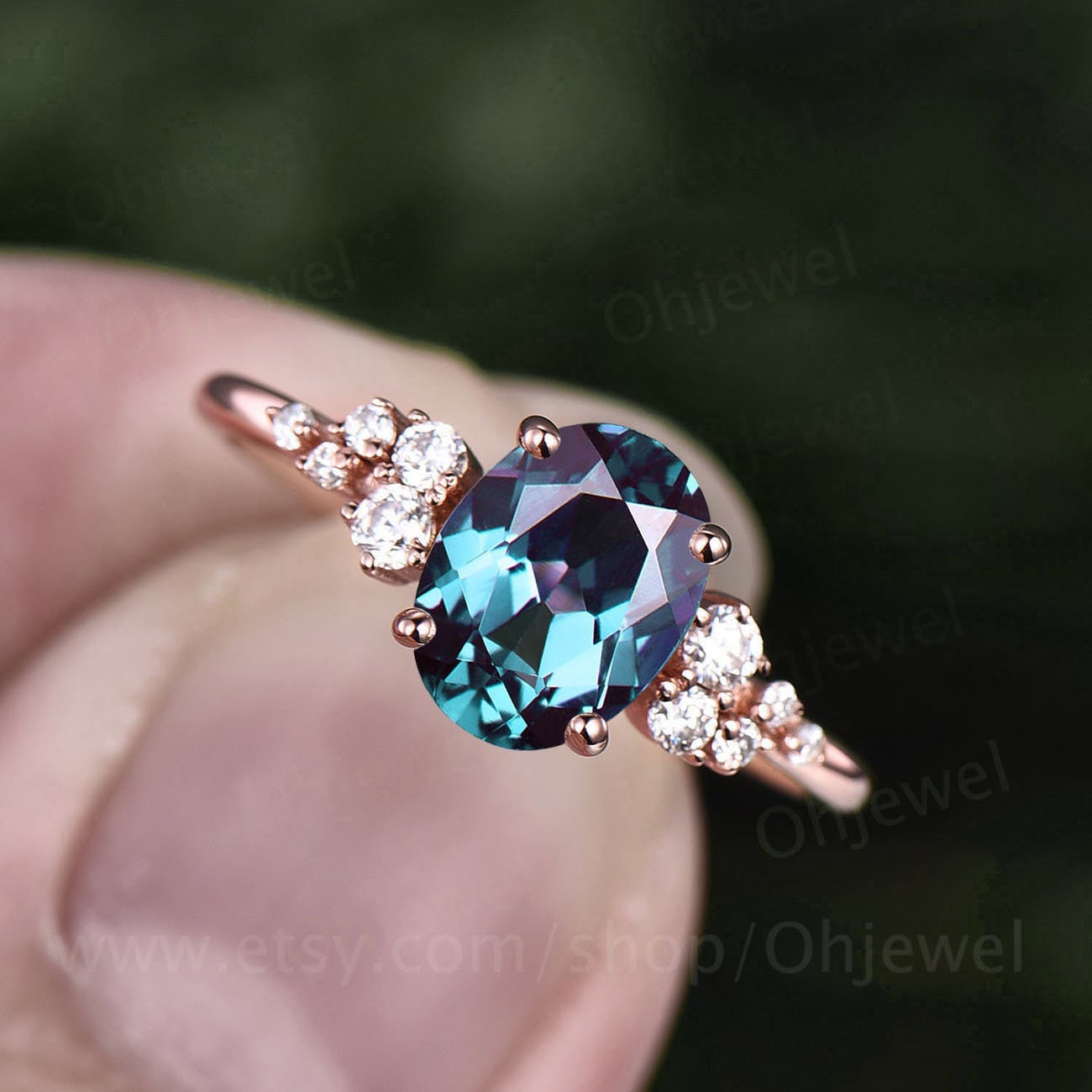 Vintage oval cut Alexandrite engagement ring 14k rose gold dainty cluster snowdrift unique engagement ring moissanite wedding ring for women