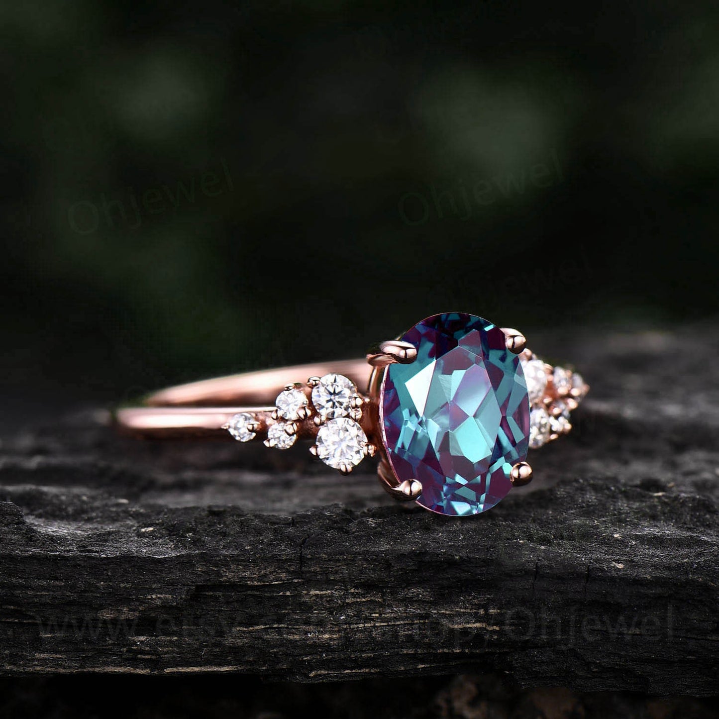 Vintage oval cut Alexandrite engagement ring 14k rose gold dainty cluster snowdrift unique engagement ring moissanite wedding ring for women