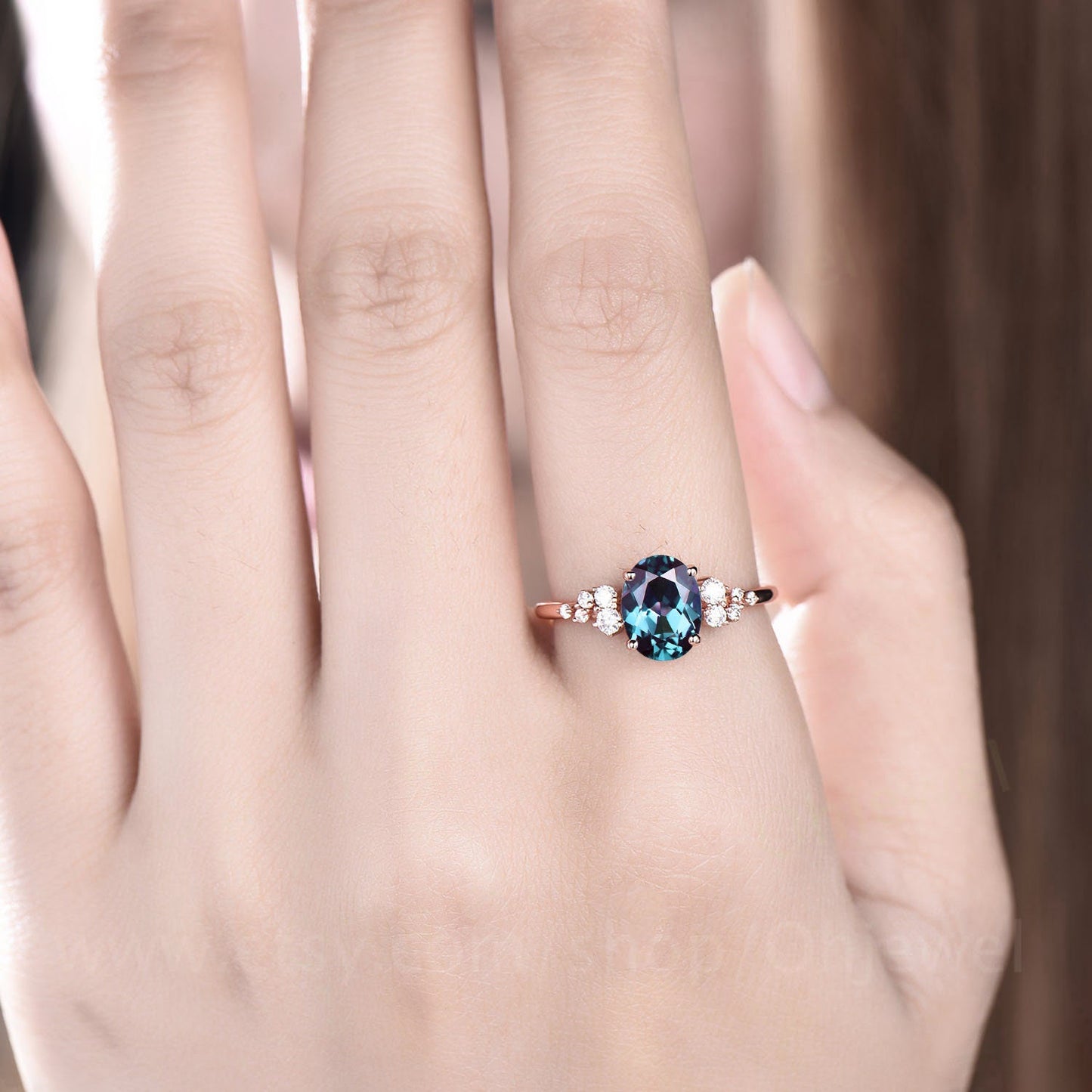 Vintage oval cut Alexandrite engagement ring 14k rose gold dainty cluster snowdrift unique engagement ring moissanite wedding ring for women