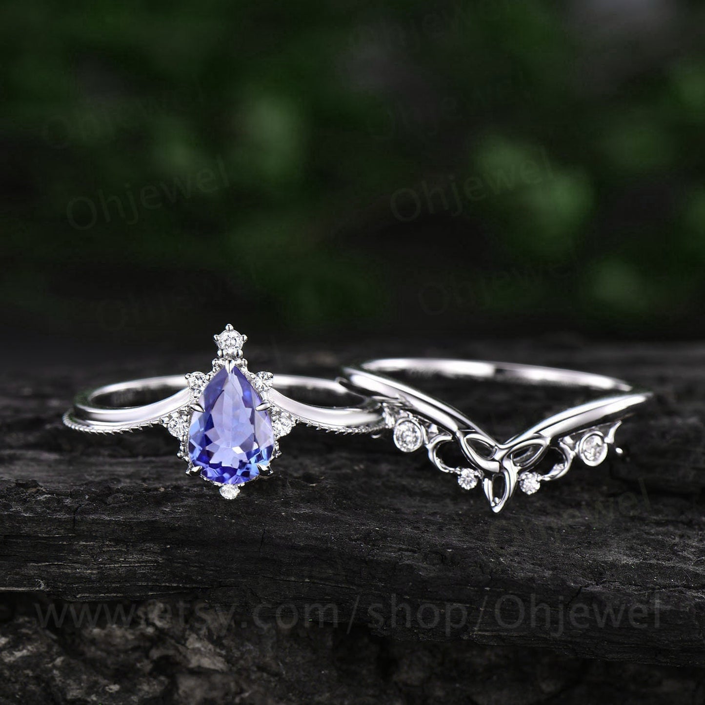 Pear shaped tanzanite engagement ring set 18k white gold milgrain unique vintage engagement ring celtic knot ring moissanite ring for women